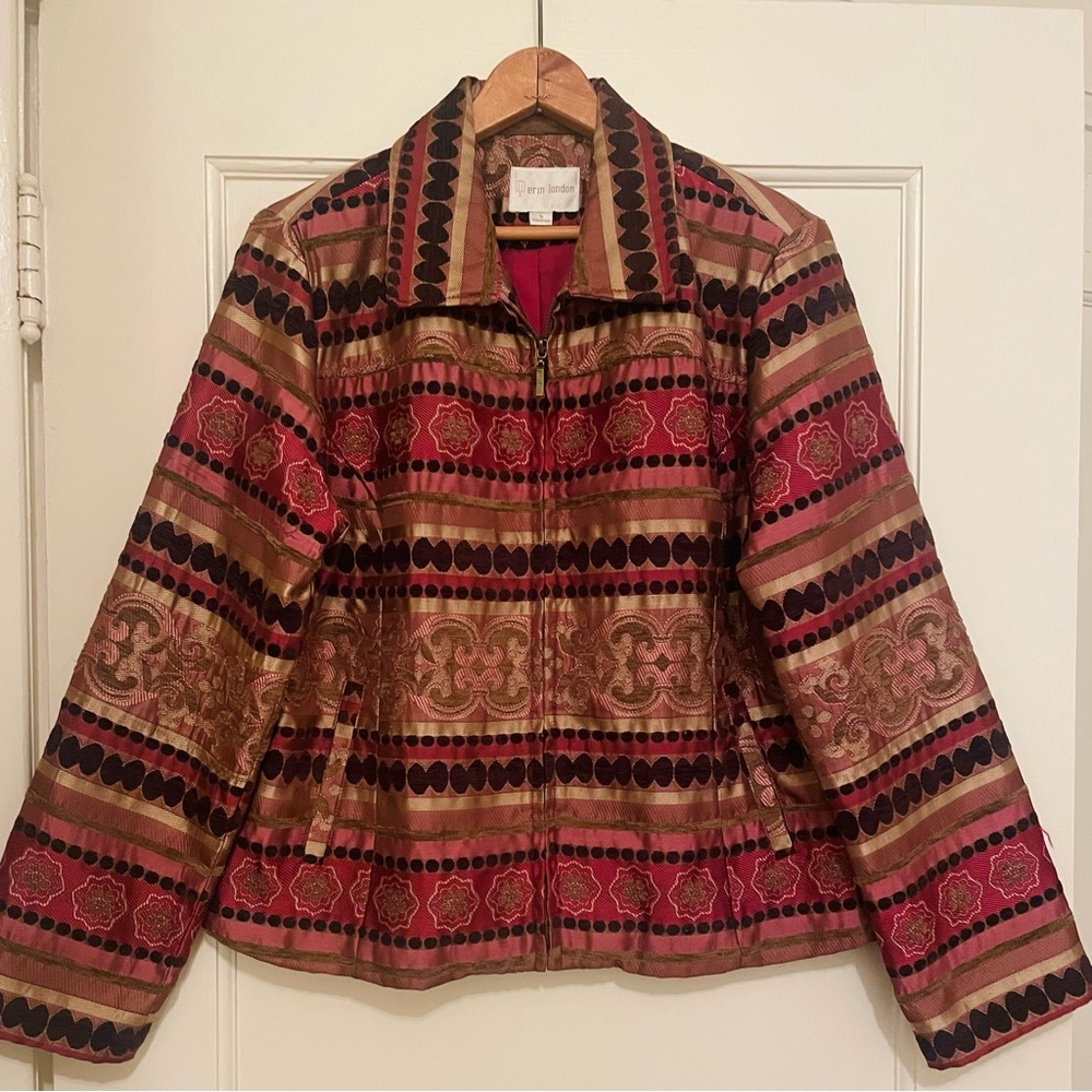90s/Y2K Striped Jacquard Striped Zip Up Jacket Fuschia and Brown
